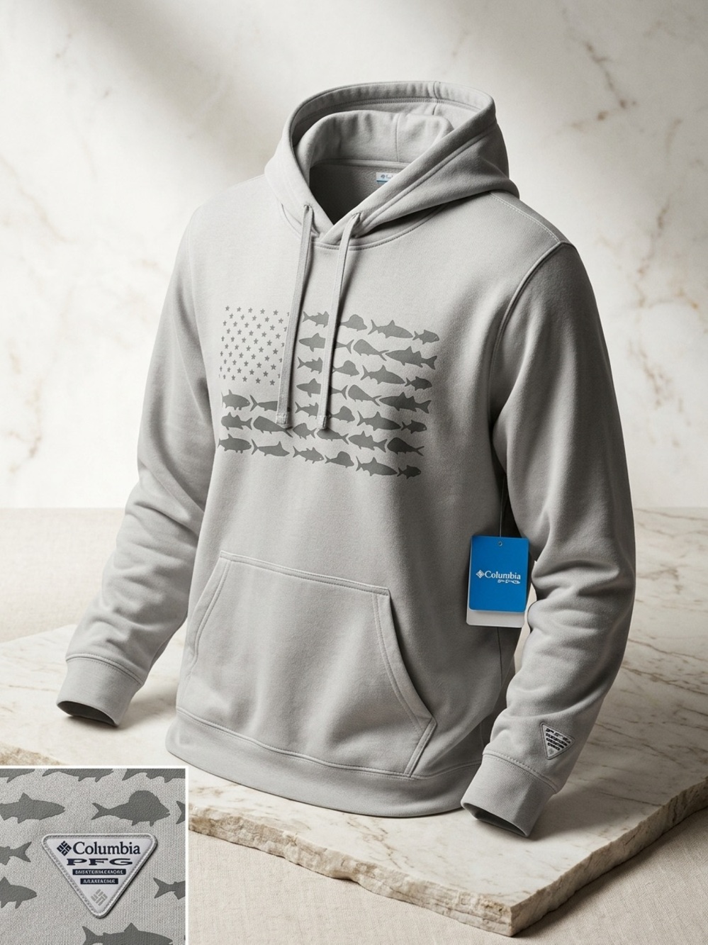 Columbia Light Gray Fish Flag Pullover Hoodie - Gray Graphic MEN’S XL